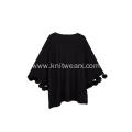 Women's Knitted Side-Slit Fox-Ball Cuff Shawl Cape